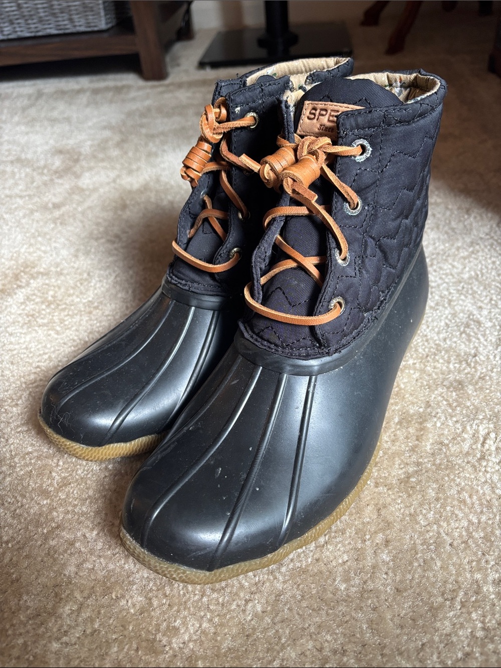 Women’s Black Quilted Duck Boots with Brown Laces